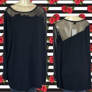 Roaman's +22/24 Black Illusion Sheer Mesh Lace Crew Neck Long Mesh Sleeve Top